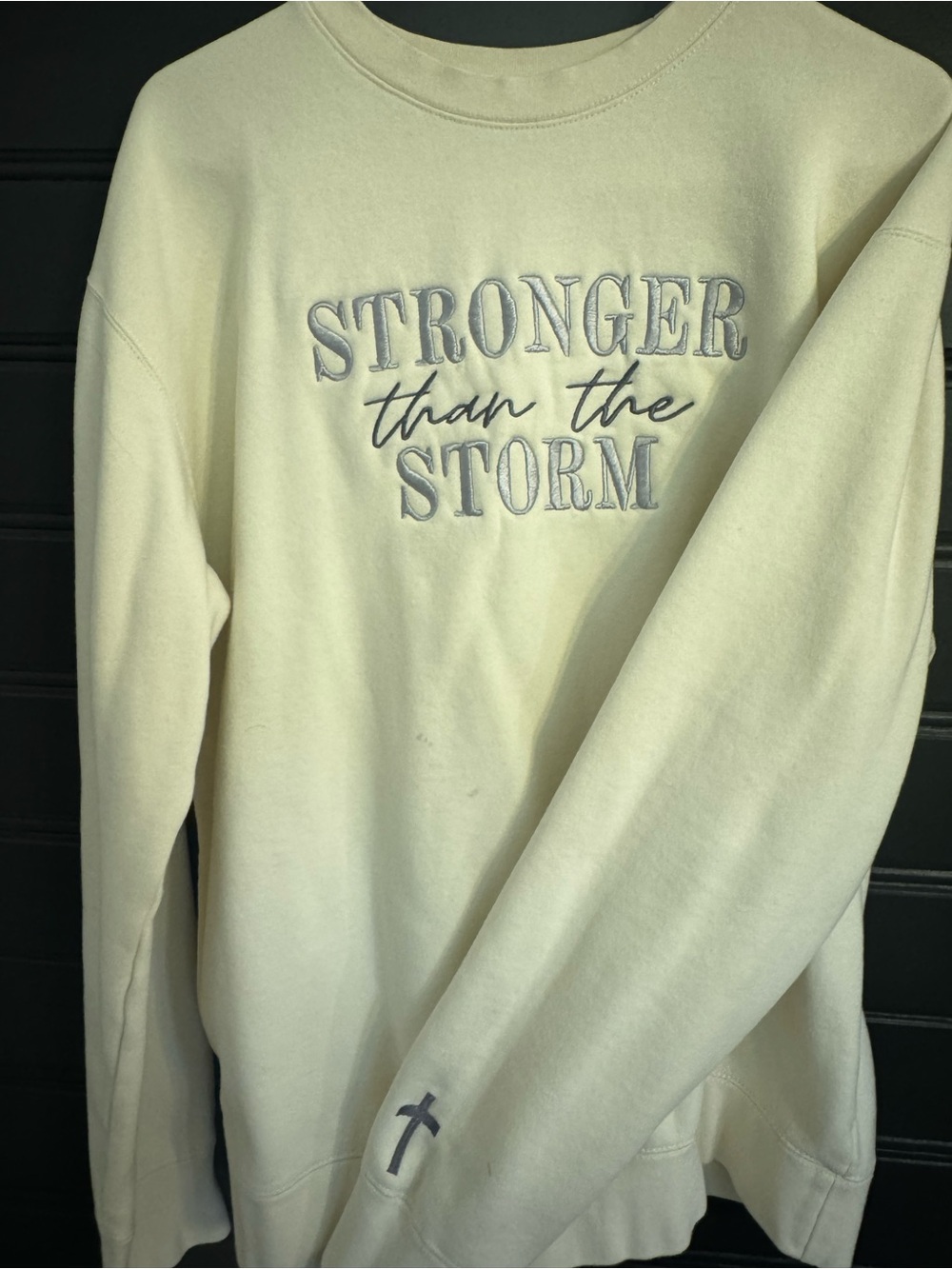 Unisex Cream 'Stronger Than The Storm' Embroidered Crewneck Sweatshirt